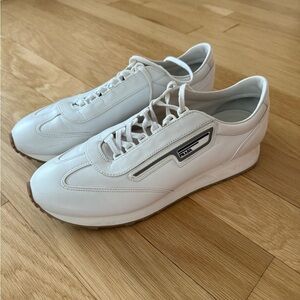 Prada White Leather Men's Low-Top Sneakers with Black Logo Detail